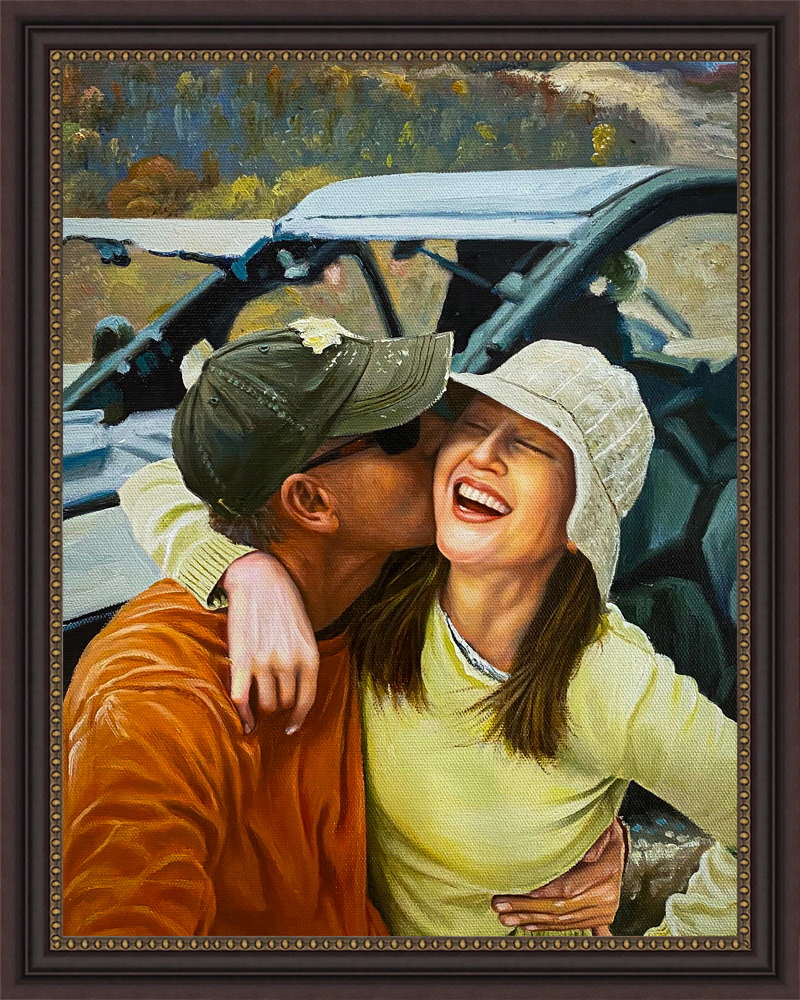 Oil painting of couple kissing cheek outdoors